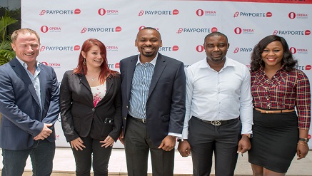 (L-r): Murray Neil Spark, business development manager; Jo Crawshaw, PR manager, both from Opera Mini; Eyo Bassey, managing director; Benjamin Amu, head Social Media  Business Strategy and Irene Kayoma, head, Strategy & Planning PayPorte, during the launch of PayPorte/Opera Mini free web pass in Lagos on Tuesday.